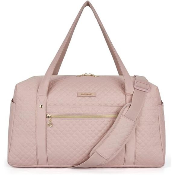 BAGSMART Travel Duffle Bag 31L Quilted Weekender Overnight Bag for Women (Pink) - Picture 2 of 7